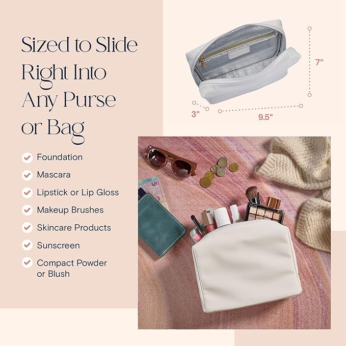 Stay Golden Insulated Waterproof Makeup Bag for Women Heat-Resistant Travel Cosmetic & Toiletry Bag | Luxurious Vegan Leather Portable Makeup Organizer (White with Gold Zipper, Medium)