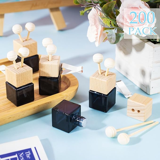 Zubebe 60 Pcs Car Diffuser Bottles Empty Bulk Vent Clip Car Air Freshener Diffuser for Essential Oil Perfume Glass Bottle with Wooden Caps Stick Fragrance Ornament (Gradient Black)