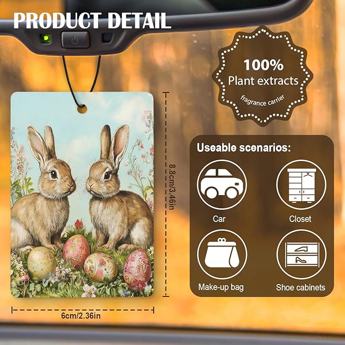Vintage Easter Bunny Egg Car Air Freshener 4 Pcs, Religious Easter Rabbit Egg Floral Hanging Air Freshener for Cars Closet Drawer Books, Spring Bunny Car Accessories for Women