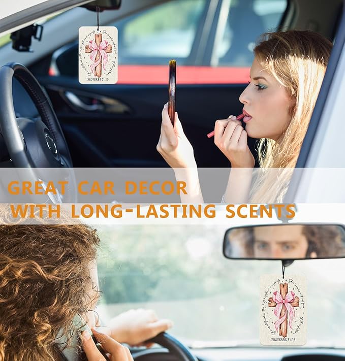 Cross Christian Car Air Freshener Hanging 3Pcs Vintage Pink Bows Christian Car Accessories Interior, PROVERBS 31:25 Jesus Cars Mirror Decor Cross Decor Bible Religious Gifts for Women Teens(Real)