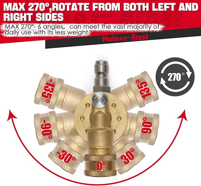 Meteor Blast Pivoting Coupler with 8 pressure washer nozzle tips 2.5gpm, 270 Degree with 7 Angles, heavy duty design and Stainless Steel Lock, Clean Hard to Reach Area, 5000PSI