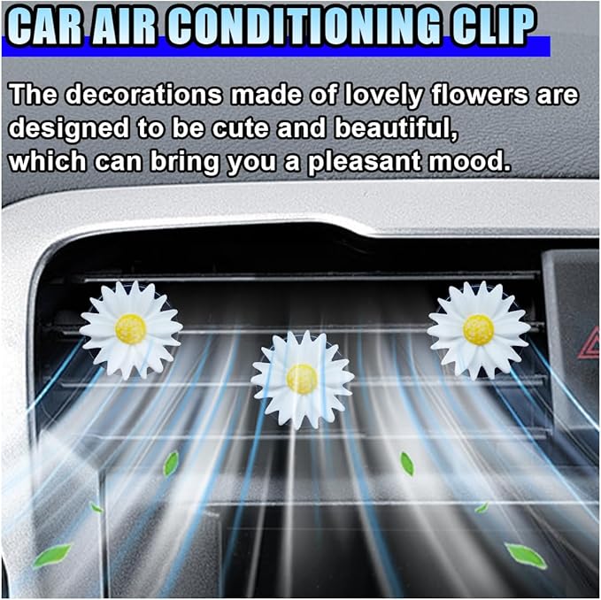 3PCS Daisy Flower Car Dashboard Air Vent Trim Clip, Cute Daisy Air Conditioner Outlet Clip Car Charm for Women, Car Air Vent Clip Auto Interior Decoration for Girls Present (White)
