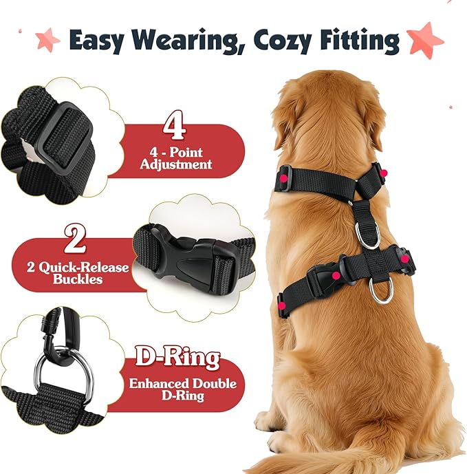 Pawaboo Dog Seat Belt Harness for Car, Dog Car Harness Seatbelt with Double Clips, Adjustable Breathable Pet Vest & Dogs Safety Tether with Elastic Bungee for Small Medium Large Pet, L, Red+Black