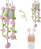 Crochet Car Air Freshener, 8ml Empty Refillable Oil Diffuser Bottle with Hanging Crochet Lightpink Daisies Plant & Hanging Tools, Car Rearview Mirror Diffuser for Wall Art & Home & Office Decoration