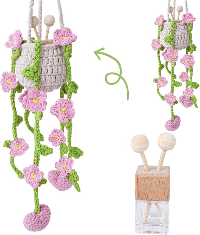 Crochet Car Air Freshener, 8ml Empty Refillable Oil Diffuser Bottle with Hanging Crochet Lightpink Daisies Plant & Hanging Tools, Car Rearview Mirror Diffuser for Wall Art & Home & Office Decoration
