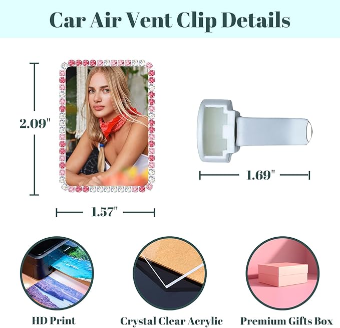 Custom Rhinestone Car Vent Clip Air Freshener with Photo – Personalized Acrylic Picture Frame for Car Interior Decoration Accessories, Rectangular Shape (Mixed Pink, One Size)