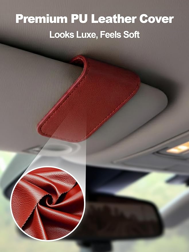 Patented Leather Car Air Freshener Visor Clip, Compatible with Drift Wood or Stone Car Freshener, Magnetic Design, Gentle on Sun Visors, Ideal for Modern & Electric Vehicles, Red (Clip Only)