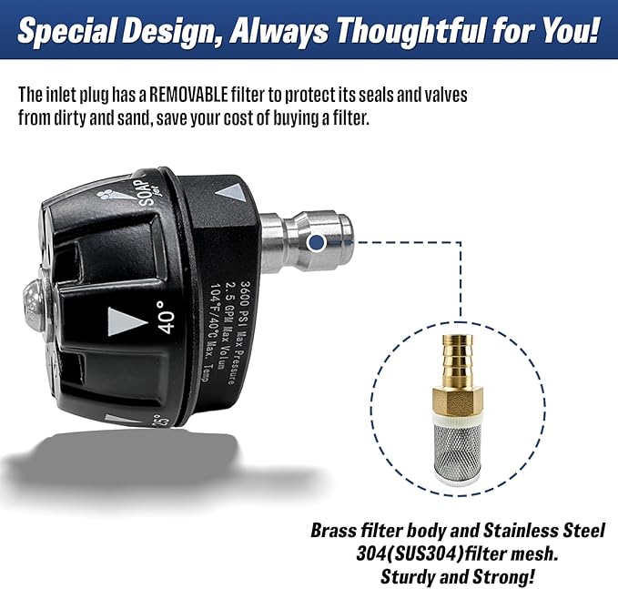 6 in 1 Pressure Washer Nozzle Tips, Quick Change Over and Adjustable, Mutiple Degrees in One, 1/4 inch Quick Connector, MAX 3600PSI for Power Washer