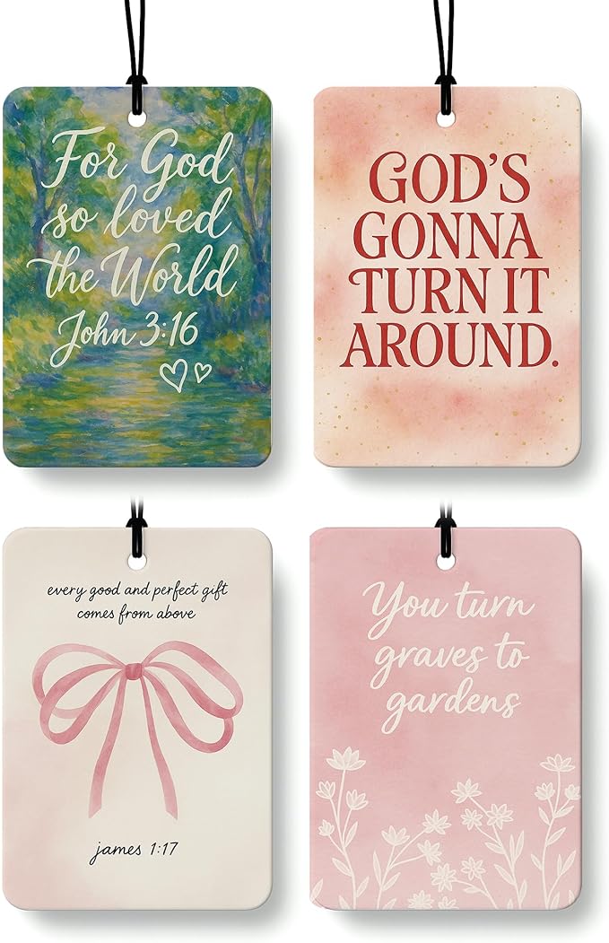 Green Pink Christian Car Air Freshener 4 Pcs, Coquette Preppy Bow Floral Religious Hanging Air Freshener for Cars Closet Drawer Books, Cute Christian Car Accessories Mirror Decor for Women