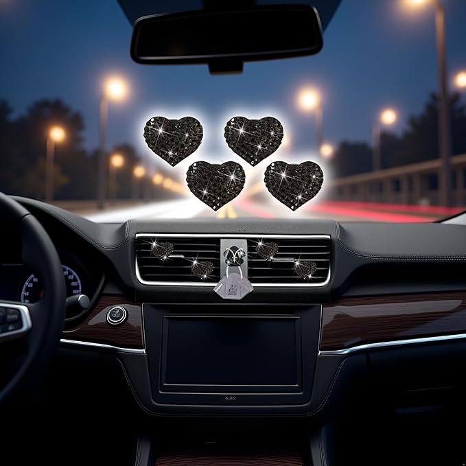 4Pc Black Heart Air Vent Clips,Car Air Fresheners Vents Clips Car Diffuser Diamond Interior Decor Charm Cute Accessories Air Fresheners Interior Accessories