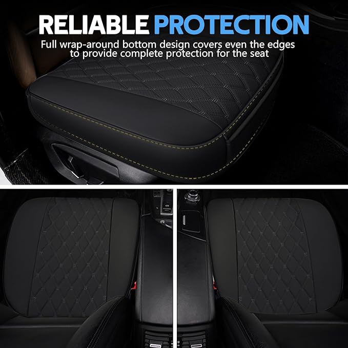 wuyaoyao Leather Car Seat Bottom Covers, Anti-Slip Front Seat Covers for Car, Auto Seat Cover Cushion Pad, Full Wrap Bottom Auto Seat Protector with Pocket Suitable for Most Vehicles (Black)