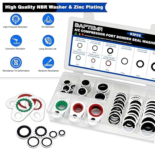 93PCS A/C Compressor Seal Washers Assortment Kit, 9 Sizes Air Conditioning System Compressor Port O-Rings, Replace Universal Automotive Self-Centered Bonded Sealing Washers (ID: 8mm-17.5mm)