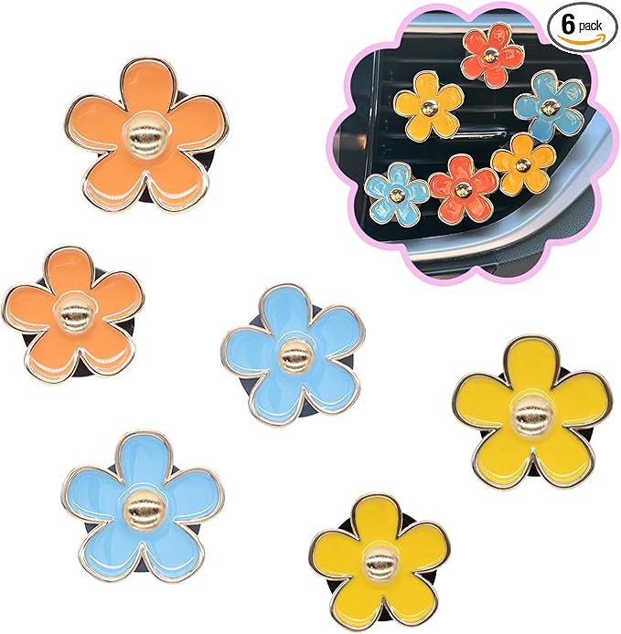 6pcs Car Air Freshener Vent Clips, Daisy Flower Air Diffuser - Blue, Orange, Yellow - Refillable 3.3cm/3cm Car Accessories for Women