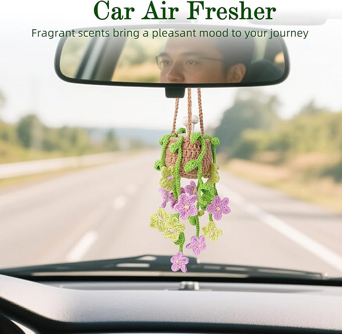 Crochet Car Air Freshener, 8ml Empty Refillable Oil Diffuser Bottle with Hanging Crochet Pink Daisie Plant & Hanging Tools, Car Rearview Mirror Diffuser for Wall Art & Home & Office Decoration