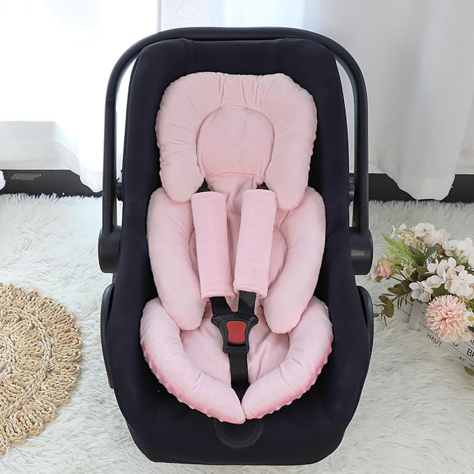 GFU Infant Car Seat Insert Head and Body Support, Reversible Newborn Insert for Carseat with Strap Pads, Soft Stroller Cushion Pillow Insert for Boys and Girls, Fits for Stroller, Swing, Pink