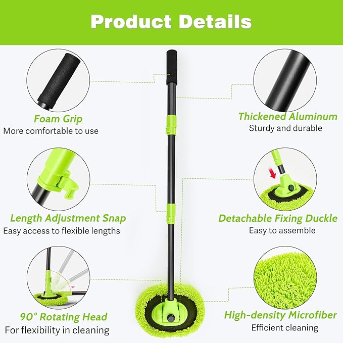 Car Wash Brush Kit with 15° Curved Long Handle, Car Cleaning Kit with 2 Replaceable Car Washing Mop, Wash Sponge, Mitt, Towel, Tire Brush, Cleaning Tools for Cars RV SUV Truck (Green)
