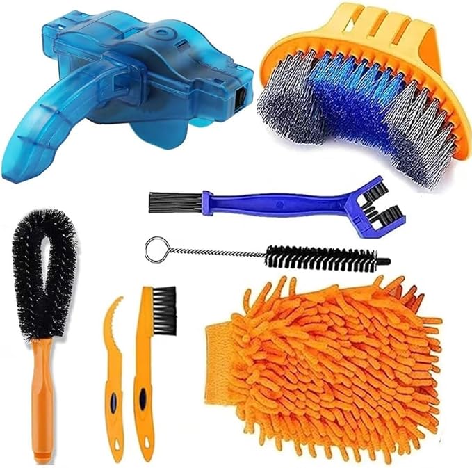 Bike Cleaning kit Precision Bicycle Cleaning Brush Tool Set Including Bike Chain Cleaner Brush, suitable for Mountain, Road, City, Hybrid,Dirt,BMX Bike and Folding Bike,8 Pieces