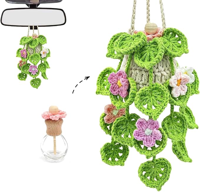 Crochet Hanging Plant Car Air Freshener，10ml Empty Refillable Car Diffuser Bottle with Potted Plants Car Mirror Hanging Accessories Car Air Hanging Fragrance Oil Diffuser (Pink Flower)