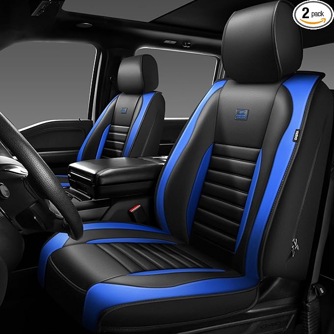 CAR PASS Nappa Leather Car Seat Covers Front Seats, Luxury Seat Protector for Cars, Waterproof Anti-Slip Seat Cushion Airbag Compatible Universal for SUV Pick-up Truck Automotive Vehicle,Black Blue