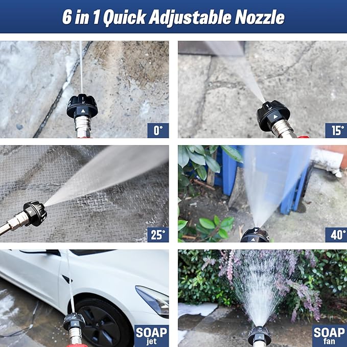 6 in 1 Pressure Washer Nozzle Tips, Quick Change Over and Adjustable, Mutiple Degrees in One, 1/4 inch Quick Connector, MAX 3600PSI for Power Washer