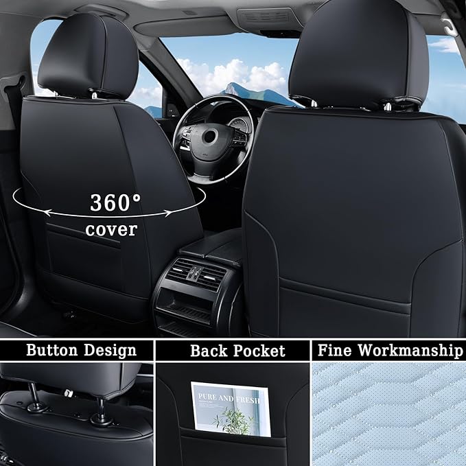 Coverado Leather Seat Covers, Car Seat Covers Full Set, Waterproof Nappa Leather Car Seat Cover, Car Seat Protectors 5 Seats, Black & Blue Automotive Seat Covers Fit for Most Cars Trucks