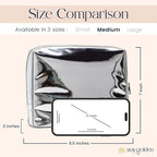 Stay Golden Insulated Waterproof Makeup Bag for Women Heat-Resistant Travel Cosmetic & Toiletry Bag | Luxurious Vegan Leather Portable Makeup Organizer (Metallic Silver - Silver Zipper, Medium)