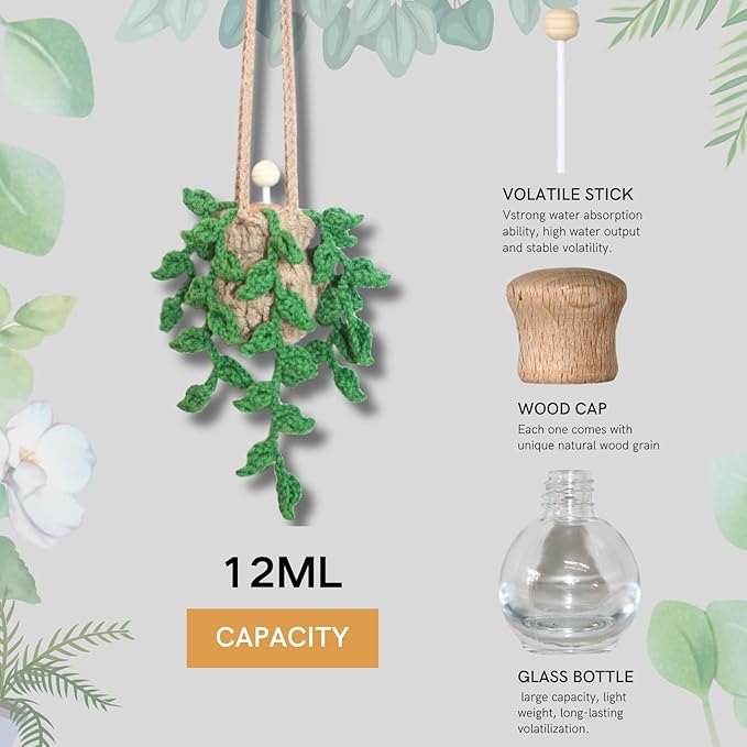 Handmade Crochet Hanging Car Air Freshener,12ml Empty Refillable Oil Diffuser Bottle with Crochet Hanging succulents Plant for Car Rearview Mirror for Home, and Office Hanging Diffuser Decor