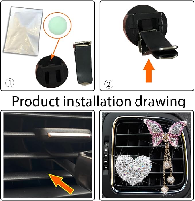 2 Pcs White Bling Rhinestone Heart + Pink Butterfly Clip Accessories Air Conditioning Outlet Clip Car Air Freshener Dashboard Accessories Charm Car Inter Decor Cute Interior Accessories for Women