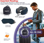 napfun Neck Pillow for Traveling, Upgraded Travel Neck Pillow for Airplane 100% Pure Memory Foam Travel Pillow for Flight Headrest Sleep, Portable Plane Accessories, Deep Blue Striped Kit