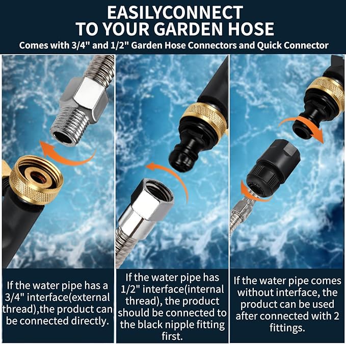 Jet Nozzle for Garden Hose, High Pressure Power Washer Wand with 3 Different Hydro Nozzles and Quick Connectors for Gutter Patio Car Pet Window 18 Inch (Dark Black)