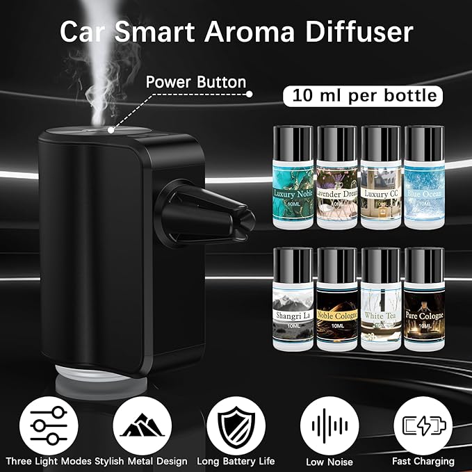 Smart Car Air Freshener, Car Air Freshener Diffuser with 3 Adjustable Light Modes, Rechargeable Aromatizante para Carro with 8pcs Essential Oil, Long-Lasting, Black