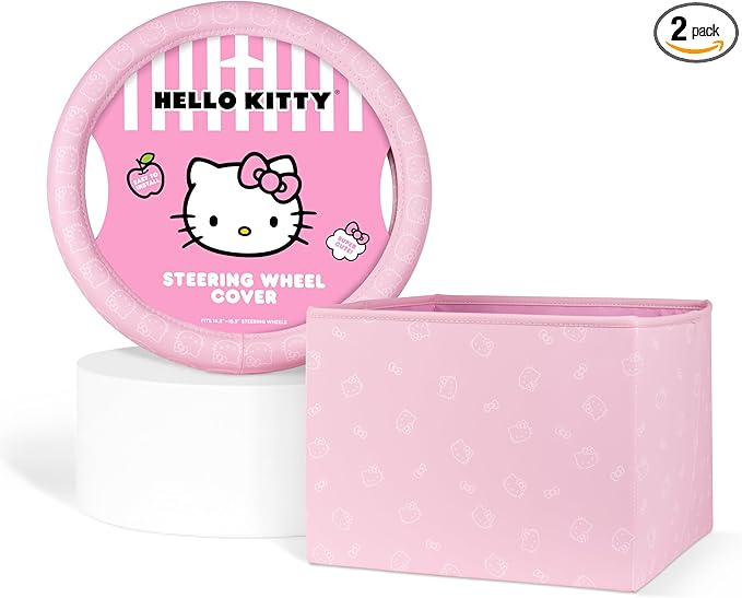 Sanrio Hello Kitty Car Trunk Organizer & Steering Wheel Cover Set – Cute, Non-Slip, Soft Grip Car Accessories for Women – Collapsible Storage Bin for Groceries, Tools & Travel – 12.5"L x 12.5"W x 9"H