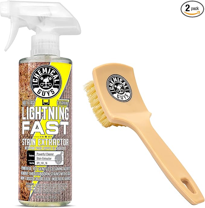Chemical Guys SPI_191_16B Carpet & Upholstery Stain & Spot Remover Bundle - (1) 16 fl oz Lightning Fast Stain Extractor & (1) Nifty Detailing Brush, (Cars, Trucks, SUVs, RVs, Home, Interior, Pets)