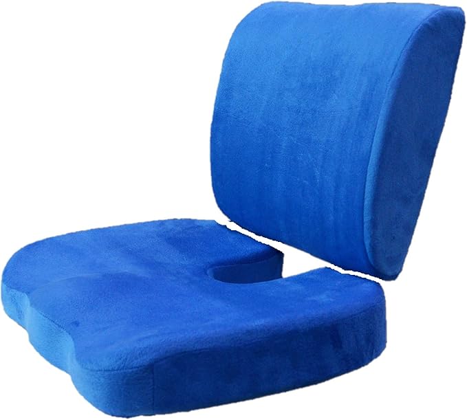Bookishbunny 2pc High Resilience Memory Foam Seat Chair Waist Lumbar Back Support Cushion Pillow Car Office Home (Blue)