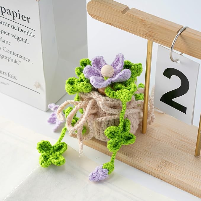 Crochet Plant Car Air Freshener, Cute Car Rearview Mirror Decor Hanging Ornament, Purple Flowers Knitted Handmade Auto Interior Accessories for Women (Purple Flowers)
