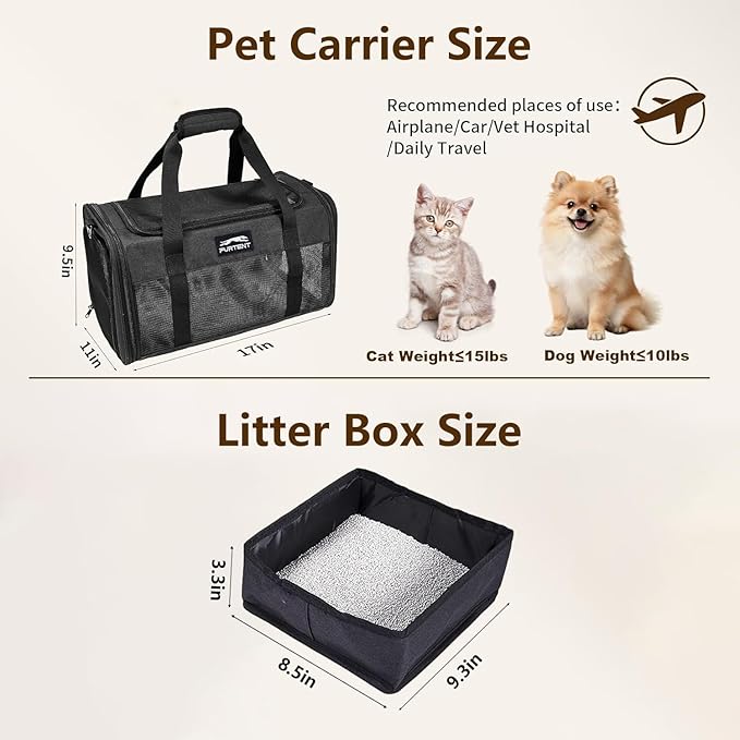 TSA Approved Pet Carrier for Small Cats and Puppies, Soft-Sided and Foldable, Cat and Dog Carrier Fits Pets Up to 15 lbs, Durable Portable Travel Bag with Litter Box (Black, Litter Box & Leash Set)