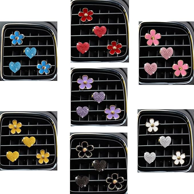 4PCS Car Air Vent Clips with Fragrance Pads, Cute Flower Car Air Fresheners Vents Clips Diamond Vent Clip Auto Interior Decor Charm Bling Auto Accessories Decoration for Women (Pink)