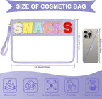 Snack Bag for Travel - Clear Chenille Varsity Letter Flat Pouch with Zipper, 12.2×8.46 inch Waterproof Clear Nylon Preppy Patch Makeup Cosmetic tote Bags for Women Girls