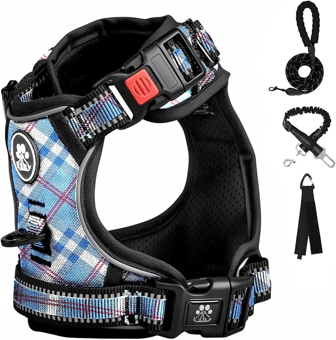 FURRYFECTION Plaid Dog Harness for Large Dogs, Reflective No Pull Adjustable Pet Vest with Front Clip, Leash, Easy Control Handle and Seat Belt, Blue&White, XL