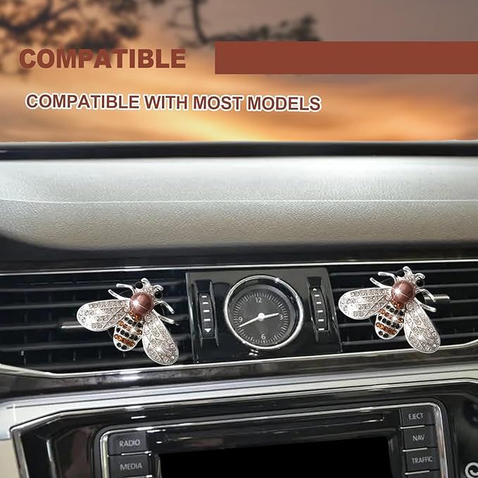 2 Pcs Shiny Bee Vent Clips, Car Diffuser Vent Clip Rhinestone Diamond Interior Decor, Crystal Bee Car Air Fresheners Vent Clips, Car Decoration, Bling Accessories, Silver