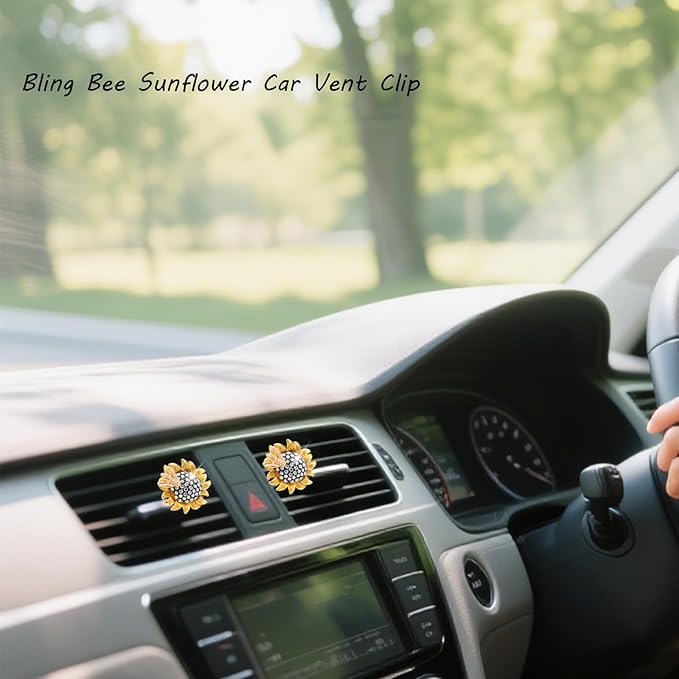 Sunflower Car Accessories,Movable Bee Flower Car Air Freshener Vent Clips,Bling Air Vent Aesthetic Decorations for Women,Refillable Aroma Diffusers