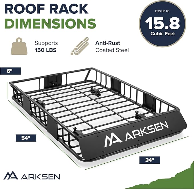 ARKSEN 54 x 34 x 6 Inch Universal Roof Rack with Extension, 150 LBS Heavy Duty Capacity Rooftop Cargo Basket for SUV, Truck, RV, Pickup