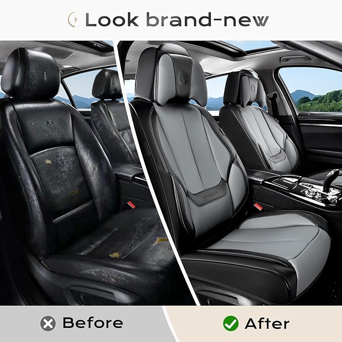 Coverado Seat Covers Full Set, 5 Seats Seat Covers for Cars, Waterproof Nappa Leather Car Seat Covers with Head Pillow, Seat Protectors Car Seat Cushion Universal Fit for Most Cars (Black&Gray)