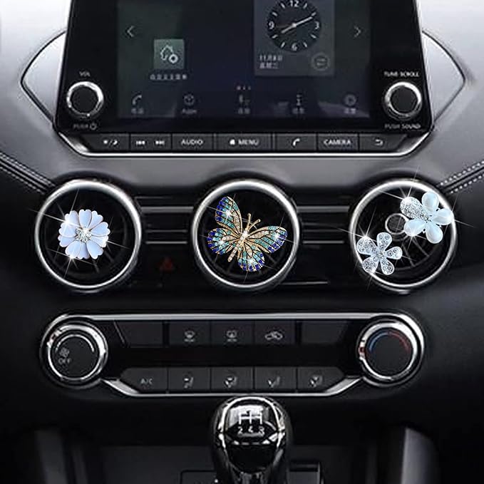 Bling Flower Air Vent Clips, 4 Pcs Blue Butterfly Car Air Fresheners Vent Clips Car Diffuser Diamond Car Decoration Car Interior Decor Daisy Cute Car Accessories for Women Girls