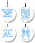 Blue Christian Round Car Air Freshener 4 Pcs, Girly Blue Bow Floral Religious Hanging Air Freshener for Cars Closet Drawer Books, Cute Preppy Christian Car Accessories Mirror Decor for Women