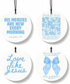 Blue Christian Round Car Air Freshener 4 Pcs, Girly Blue Bow Floral Religious Hanging Air Freshener for Cars Closet Drawer Books, Cute Preppy Christian Car Accessories Mirror Decor for Women