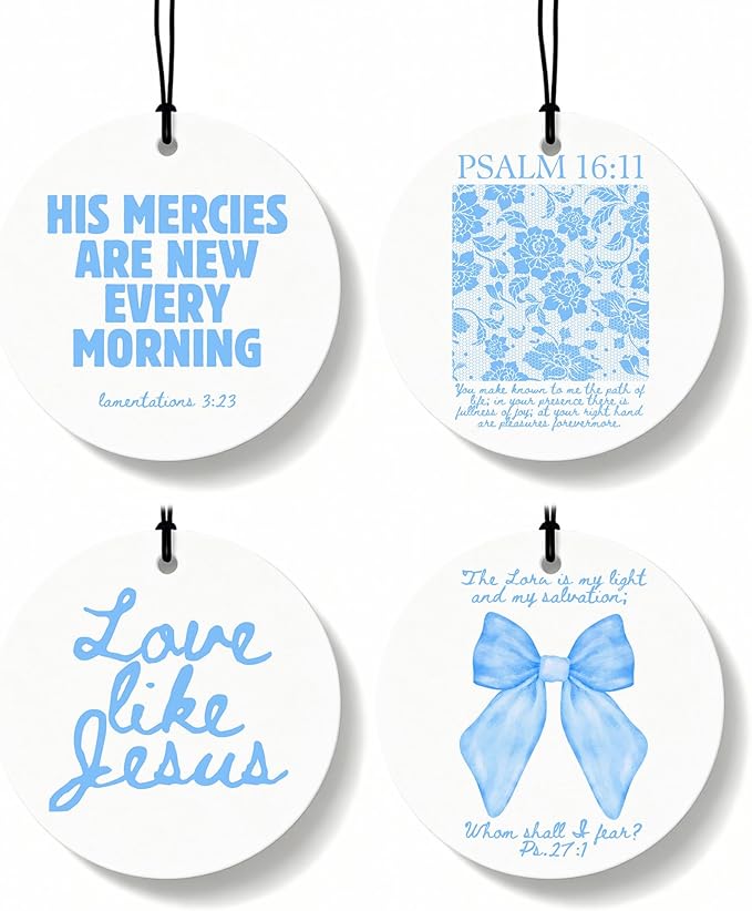 Blue Christian Round Car Air Freshener 4 Pcs, Girly Blue Bow Floral Religious Hanging Air Freshener for Cars Closet Drawer Books, Cute Preppy Christian Car Accessories Mirror Decor for Women