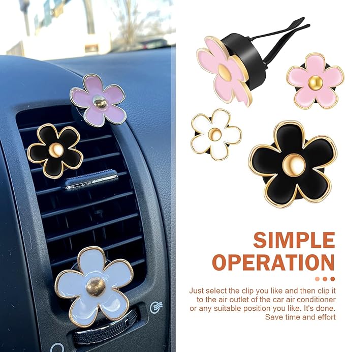 6PCS Car Air Vent Clip, Cute Daisy Air Conditioning Outlet Clip, Car Flower Air Freshener Clip, Auto Interior Decor Accessories for Women and Girls (Black-Pink-White, 6PCS)