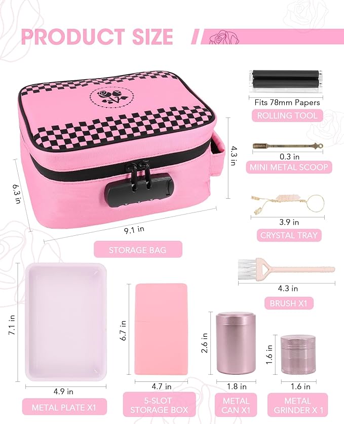ANZOME Large Smell Proof Storage Bag, Lockable Travel Organizer Case with 3-Digit Combination Lock, Activated Charcoal Odor Control, Waterproof Zipper Pouch with 7 Accessories, Pink
