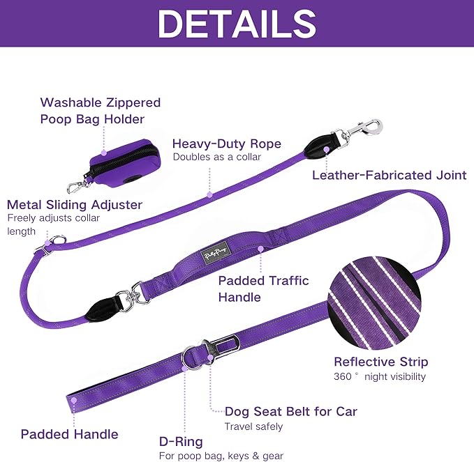 6FT Heavy Duty Dog Leash for Small Medium Large Dogs, Tangle Free Reflective Dog Training Leash with Double Handle, Seat Belt Buckle & Poop Bag Holder (Purple)